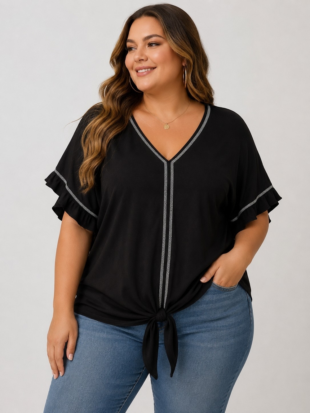 Max Studio Black V-Neck Tie-Front Tunic with Contrast Stitch